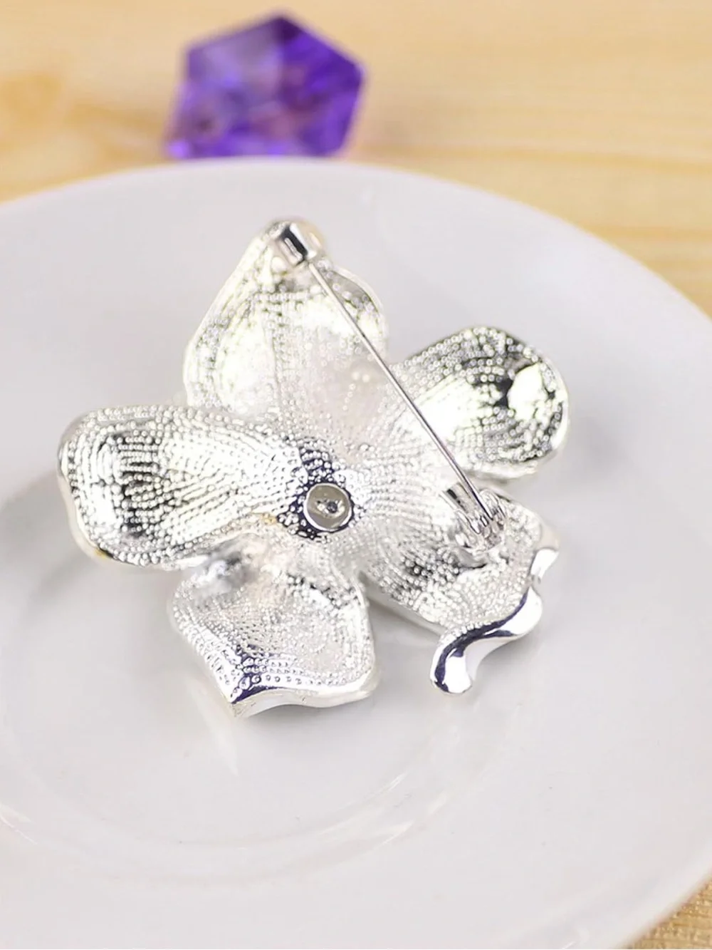 Anthropologie White Enamel Flower Brooch with Crystal Centers